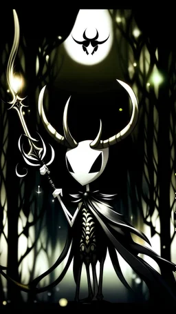 Make a Hollow Knight oc. He is EXTREMELY tall his build is slender. His clothing is a long cloak and he has a dagger as a weapon. His horns are long as all heck.