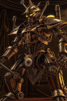 steampunk warrior robot with a big, complicated and detailed mechanical sword in a battlefield. Masterpiece, hyper detailed, details, battlefield, dramatic, dramatic lighting