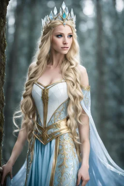 Full body Photography Beautiful Elven princess,blonde gold hair,rapunzel hair,very long hair,elven crown, light blue, white, ice, glitter,sparkle,ice flowers,elven ears,fairy princess, ice fairy,golden armor,ice crystals