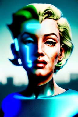 Ultra Realistic image, portrait, blonde woman, Marylin Monroe face, perfect iris, glow eyes, glow makeup. Cyborg, Cyberpunk, ex machina style, oversized tight latex dress. fog, rain, soft color, highly detailed, unreal engine 5, ray tracing, RTX, lumen lighting, ultra detail, volumetric lighting, 3d, finely drawn, high definition, high resolution.