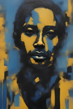 colorful and abstract person portrait in blue, dark yellow and black. The painting style is abstract and expressionist, integrating the figure with the colorful background.