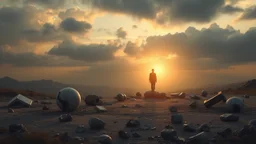 "A serene landscape where broken objects are scattered around, but the central figure stands calm and glowing, radiating peace and understanding."