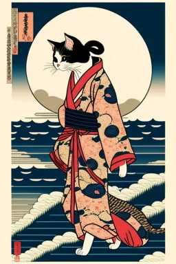 ukiyo-e style print of a cat with a human body wearing a soft yukata and walking by the sea