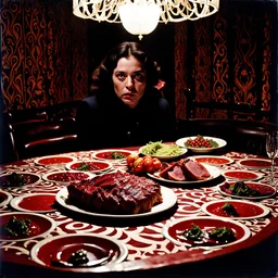 Strong texture, photorealism. Intricate patterns, dine, people, table excitement, meat, hypermaximalist, eerily mysterious, volumetric light, Italian horror, Dario Argento. Movie shot, spooky horror. 1970's Italian movie. 33mm photography.