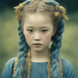 Old autochrome of devon aoki with golden cheeks, strange blue braids. in a gardent, in 1830