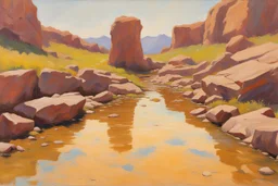 Sunny day, rocks, mountains, puddle, sci-fi movies influence, fantasy, rodolphe wytsman and ludwig dettman impressionism paintings