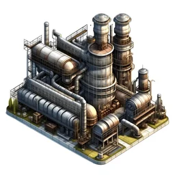 A high resolution very realistic, izometric image of Battery production plant. in the style of the game Factorio with no background with a 10 pixel transparent margin. The style is steampunk, factory, pollution, trending on ArtStation, 4K, hyper-realistic, focused, extreme details, Unreal Engine 5, cinematic