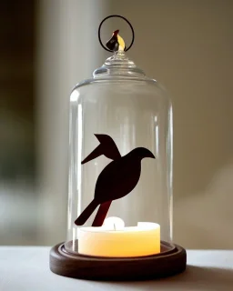 wooden bird in a bell jar, symmetrical, frosted glass, candle lighting