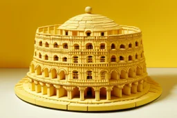 A light yellow building with a coliseum on top of it designed in Navajo baskets painted by Guo Xi