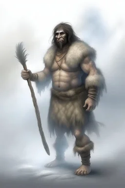 a foggy mist cloudy , a big man from Stone Age wearing a fur skin