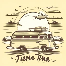 A retro camper van parked by the ocean, nostalgic, carefree, golden hour lighting, T-shirt design graphic, vector, contour, white background. WITH A FISH BEHIND IT AND WORDS\"Summer is a time to relax \"IN WHIT LET-TERS.THE BACK