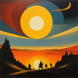 [abstract art inspired by Hieronymus Bosch and František Kupka]As the sun dipped below the horizon, casting its golden light across the land, a compact group of primal warriors stood silhouetted on the crest of a hill. Their figures were stark against the fiery sky, outlined by the fading glow of the setting sun. the group of primal warriors on the hilltop appeared to be guardians of a forgotten realm, keepers of ancient knowledge and wisdom.