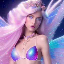 one big crystal glitter pink blue subtle galactic fairy in a galactic ambiance,glitter bikini, long blond hair down to the ground,transparent petals,blue eyes,delicate colors in the foreground, full of details, smooth，soft pink violet light atmosphere, light effect，vaporwave colorful, concept art, smooth, extremely sharp detail, finely tuned detail, ultra high definition, 8 k, unreal engine 5, ultra sharp focus