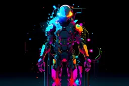 full body cyborg, with parts of human face, with a helmet full of devices and lights,f big neon splash drippy color background, illustration, anime style