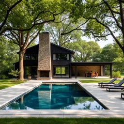 Modern country house with a dark exterior, large windows and tall stone fireplace. The house is surrounded by foliage of large trees. There is a rectangular swimming pool lined with light stone tiles and comfortable sun loungers next to it. Behind the pool is a covered patio with outdoor seating. Calm and serene environment, combining luxury with nature.