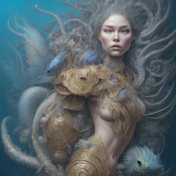 sango fantasy, fantasy magic, intricate, sharp focus, illustration, highly detailed, digital painting, concept art, matte, artgerm and paul lewin and kehinde wiley, masterpiece sexy lips Hawaiian afro lips black African lady body mermaid lionfish head blue space lady beach sea under water mermaid seaweed