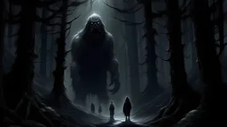 many gigantic monsters in the dark forest, far distance, realistic horror, realistic art, lovecarft style art