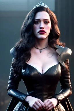 Kat Dennings as evil queen in black leather gown, cleavage, angry, stern look, unreal 5, octane render,cinema4d, dynamic lighting, dramatic lighting, 4k, redshift render, highly detailed, hyper realistic