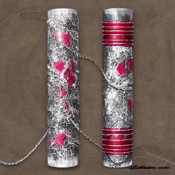 fantasy, digital art, long metal cylinder, object, chain, metallic, dark metal, ruby encrustations, massive, engravings