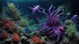 animals creatures, plants from subanautica from deep sea, leviathan's a lot of sea plants very deep, beautiful, river of magma, green and blue, dark purple