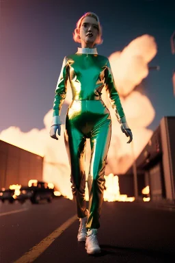 retro sci-fi image from 1980, supermarket explosions, fire, people running, sweet young blonde woman walking, tight latex suit, soft color, highly detailed, unreal engine 5, ray tracing, RTX, lumen lighting, ultra detail, volumetric lighting, 3d, finely drawn, high definition, high resolution.