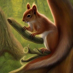 Fantasy image,wooded background, squirrel,attacking a four inch person,d&d