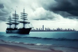 Cloudy day, distant city, ships