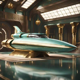 stunning hyper-realistic render of a sleek and elegant Naboo staryacht in pearlescent teal green with gold trim sitting in ancient jedi temple hangar, fully symmetric details