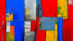 Rough texture and primary colors in an abstract scene that evokes ancient architecture.
