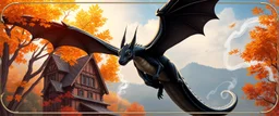 portrait of a shiny black dragon squirrel in autumn, flying above wooden castle, breathing smoke, book cover illustration, with swirly metallic border