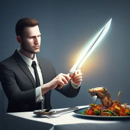 picture of man in front of tv, shiny fork and knifes on dinner table with cloth, fantasy art book cover