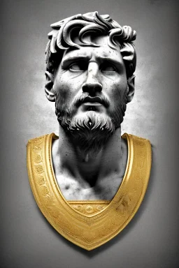 Ultra Realistic image, Roman sculpture, white marble material, Lionel Messi, gold Laurel leaves wreath, renaissance ornaments, radial gold lines, one gold star in heart, sun ornament, sun rays background, chisel style, waist up portrait, emperor style, epic, celestial, cinematic lighting, God light, god rays, 4k resolution, smooth details, ornate details, soft lighting, unreal engine 5, art station, substance 3d.