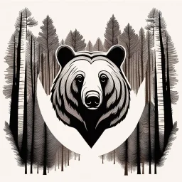 M shaped bear head combined with woods silhouette in backround, letterpress style, minimalistic pencil art