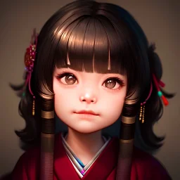 pixar style, ancient japanese temple environment, extreme closeup front face portrait of one cute young loli princess, traditional kimono, slim, slightly squinting, excited facial expression, smirking or pouting, long fringed wavy messy hairstyle, deep dark real humanly eyes, perfectly round iris, fine detailed long eyelashes, realistic shaded perfect face, round face, blushing, sharp focus, small bosom, chibi, kawaii, gothic, artwork by hiroya oku