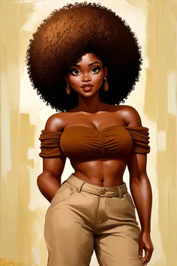 create a expressive oil painting image of a cartoon curvy black female wearing beige linen pants and a brown off the shoulder. Prominent make up with hazel eyes. Highly detailed long thick curly afro.