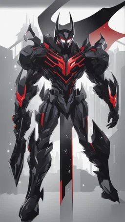 A close picture to Mix between transformers and batman and symbiote venom in solo leveling shadow art style with red details detailsis in fantasy world