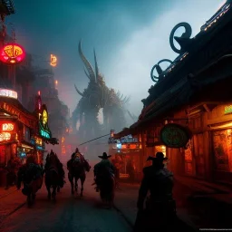 Cthulu, Cowboy in a chaotic wild western town, 8k resolution concept art. Huang Guangjian, Jean-Baptiste Monge, Ian Miller, Dynamic lighting. Hyperdetailed, intricately detailed. Trending on Artstation. Triadic colors Unreal Engine 5. Vray. Volumetric lighting. WLOP. Dynamic action oriented. Splash Art