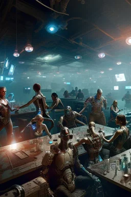 post-apocalyptic robots in a cyberpunk bar, realistic, intriacte detail, sci-fi fantasy style, volumetric lighting, particales,highly detailed, wide shot, cinamatic, Zack Snyder stlye, deep colours,