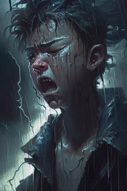 A distressed young lad is weeping and howling in utter agony as torrents of rain pour down and thunder resounds with electric intensity amidst an ominously stormy night, Distressed, Dark, Highly detailed, thunderous, ominous, stormy, Sharp focus, Emotional, art by loish and ross tran and sam yang, trending on artstation hq.