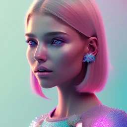 A portrait of a crystalised girl,sexy, smiling, longsand blonds hairs, atmospheric, realistic,, cinematic lighting, octane render,, pink turquoise light