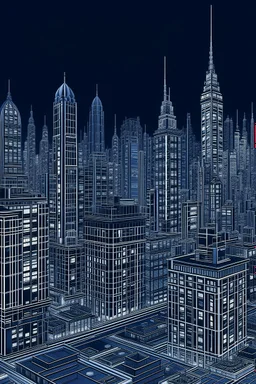 Fine lines draw of a dream city , nyc building , dark blue no windows 3D