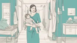 A digital illustration of a woman walking carrying a child in a sling, on an aquamarine blue background, with clothes hanging on a line nearby