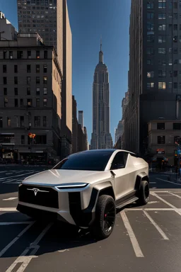 A Tesla's 'Cybertruck' is parked, near the "Empire State Building' in New York. CINEMATIC. WIDE ANGLE LENS. PHOTO REAL.