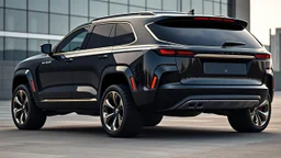 "Imagine a Chrysler 300C 2024 reimagined as a luxury SUV. It features a bold front grille, elevated stance, wide fender flares, and large chrome-trimmed wheels. The design blends elegance with rugged SUV elements, including full LED headlights, a panoramic glass roof, and chrome accents. The SUV is a deep metallic black with subtle gold detailing, set against a modern urban backdrop rear view.