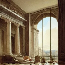  Living room with a big full wall window view on rome , Vignola classicism architecture,interior design,point of perspective,by Jean Baptiste Monge, Epic cinematic, brilliant stunning, intricate, meticulously, detailed, dramatic atmospheric, maximalist digital matte painting