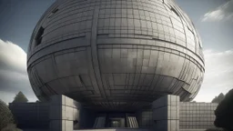 Contemporary temple dominated by a suspended concrete megasphere, textured brutalist walls, translucent geodesic dome, circular shadow play, spherical negative spaces, monumental height, solemn and futuristic atmosphere, conceptual architectural style