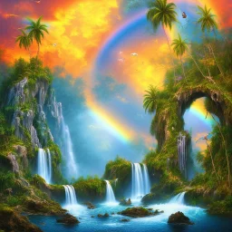  island waterfall palms twigs spring sunset rainbow bridge birds