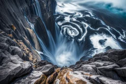at the base of the rocky mountain peninsula, a great whirlpool waterfalls into deeper unknown depths