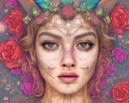 upper bust portrait, the queen of butterflies, coloured paint on face in symmetrical pattern, intricate metal work flower crown, in a field of roses, 8k resolution concept art, dynamic lighting, intricately detailed, hyperdetailed, beautiful, ethereal, elegant, golden hour, (butterfly), gothic