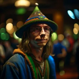 portrait of hippie wood elf with bucket hat in dark royal ancient concert hall , photo-realistic, shot on Hasselblad h6d-400c, zeiss prime lens, bokeh like f/0.8, tilt-shift lens 8k, high detail, smooth render, down-light, unreal engine, downlight